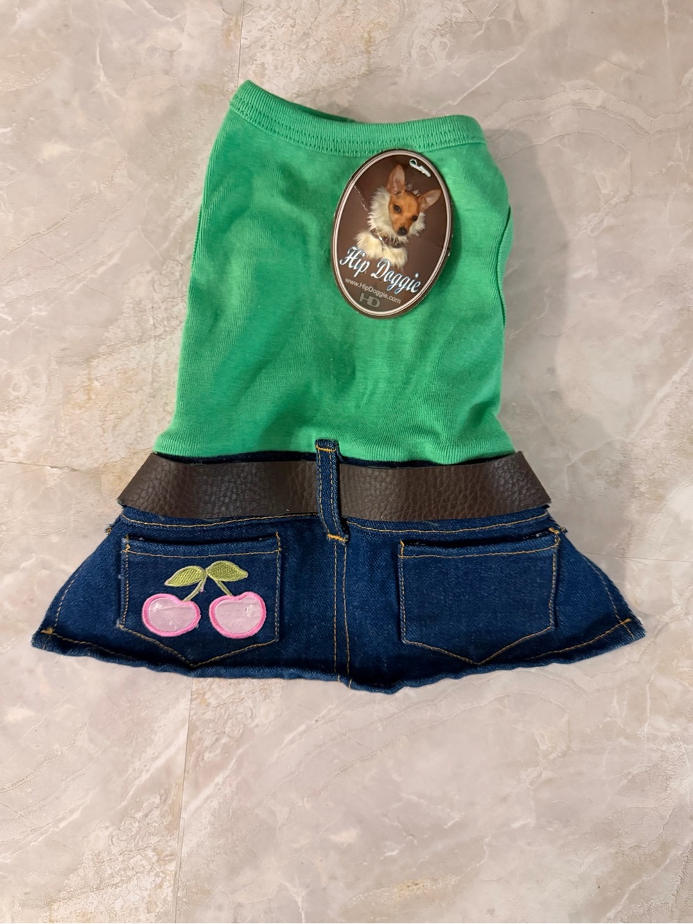 Green & Denim Cherry Dog Dress